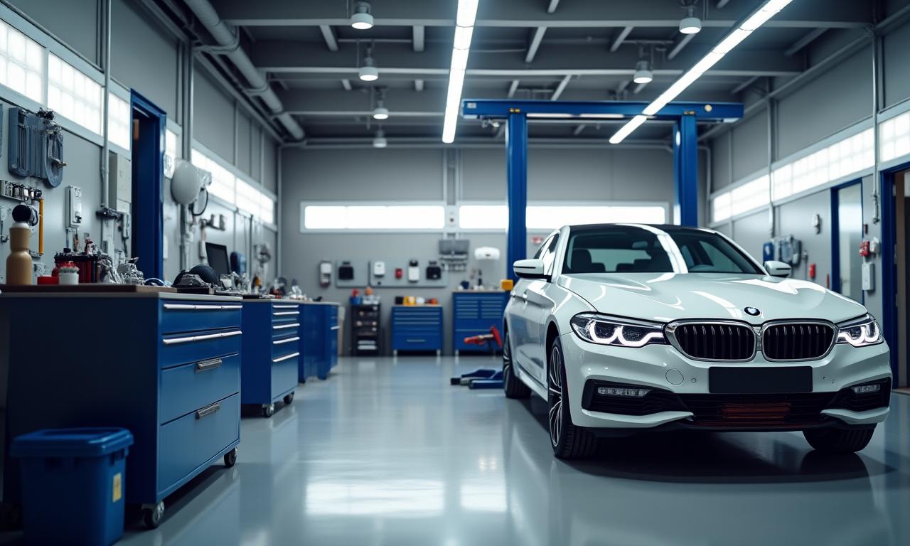 Modern, clean car workshop with tools and a car on a lift