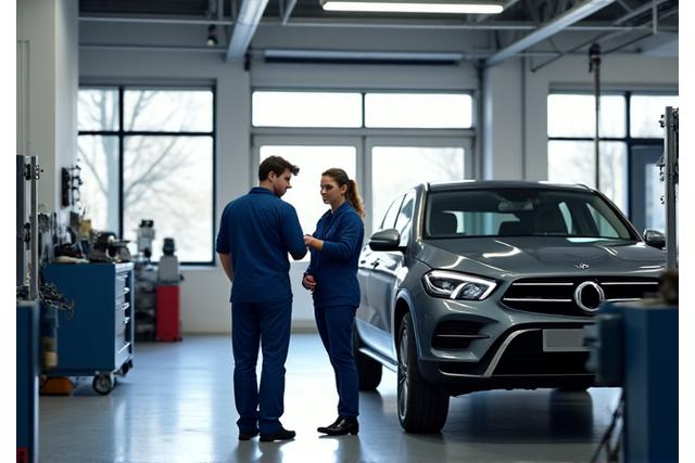 Moderne Autowerkstatt in Wien mit Mitarbeitern, die an einem Fahrzeug arbeiten